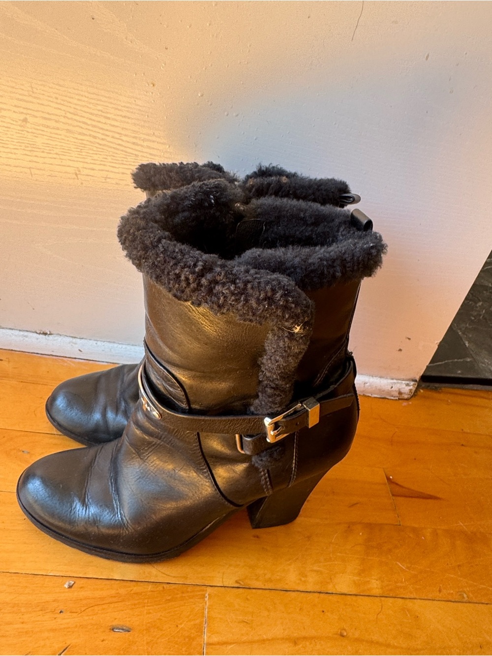 Michael Kors Black Leather Shearling-Trim Heeled Ankle Boots